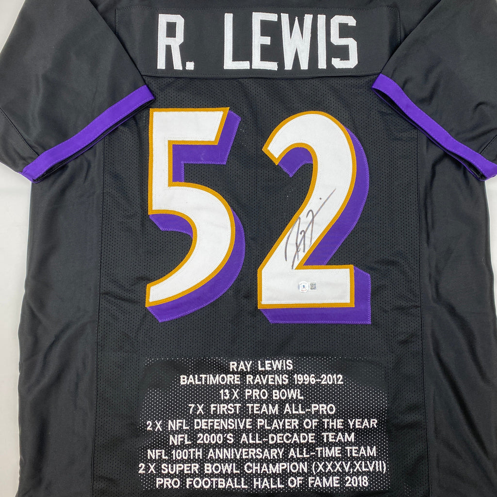Autographed/Signed Ray Lewis Baltimore Black Stat Football Jersey Beckett BAS COA