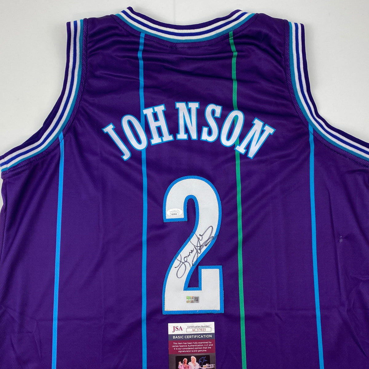 Autographed/Signed Larry Johnson Charlotte Purple Basketball Jersey JSA COA