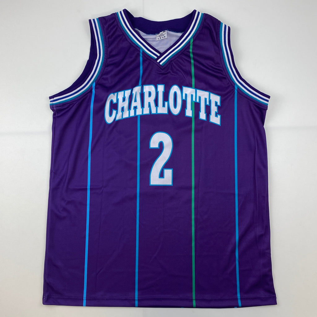 Autographed/Signed Larry Johnson Charlotte Purple Basketball Jersey JSA COA