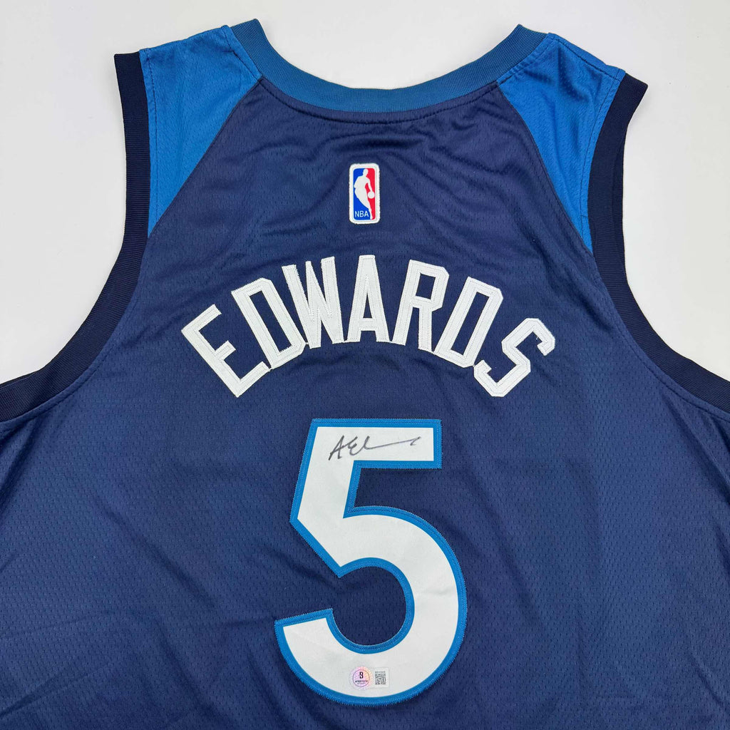 Autographed/Signed Anthony Edwards Minnesota Blue Basketball Jersey Beckett BAS COA