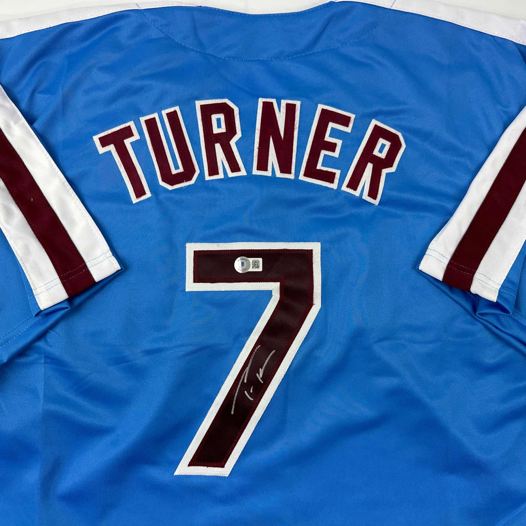Autographed/Signed Trea Turner Philadelphia Blue Retro Baseball Jersey Beckett BAS COA