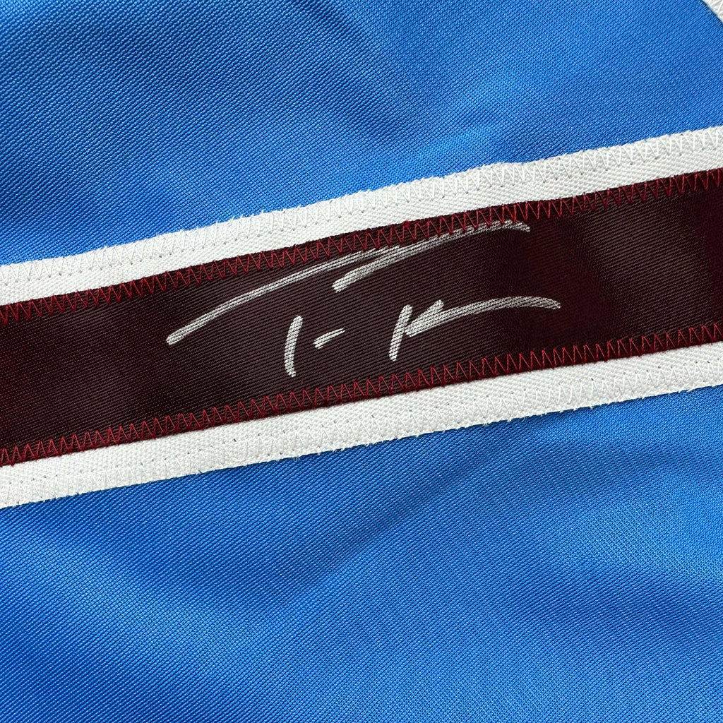 Autographed/Signed Trea Turner Philadelphia Blue Retro Baseball Jersey Beckett BAS COA