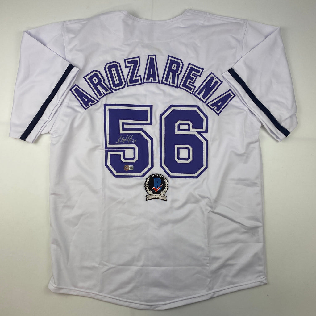 Autographed/Signed Randy Arozarena Tampa Bay White Retro Baseball Jersey Beckett BAS COA