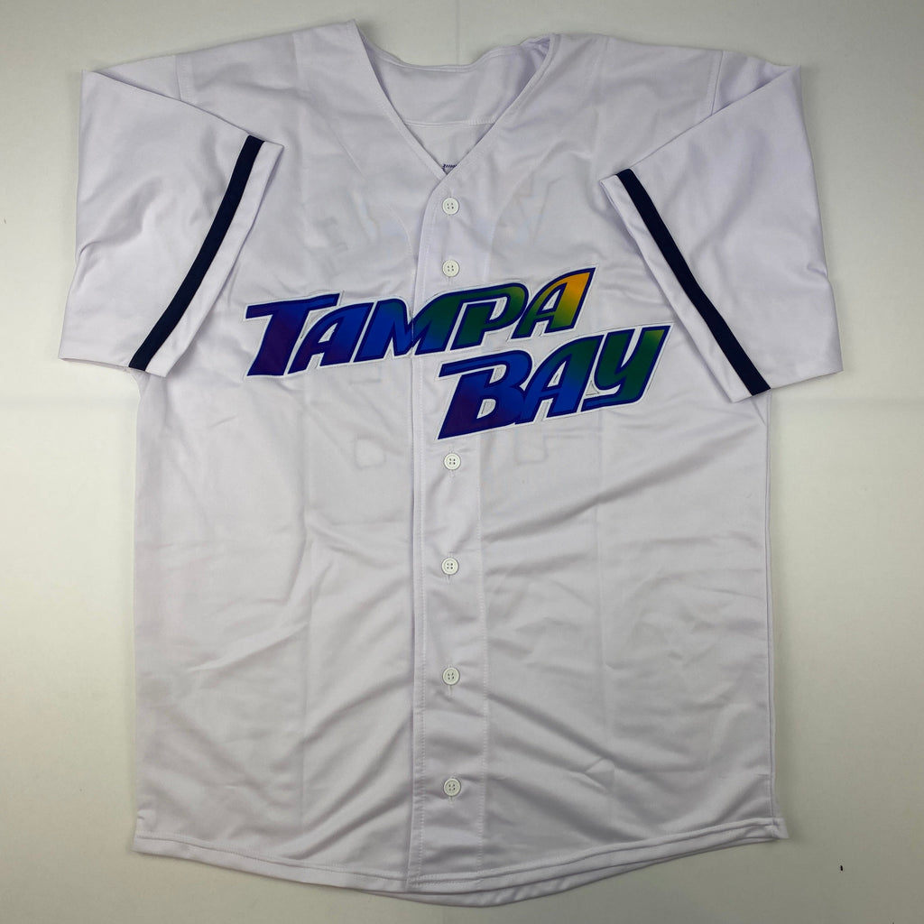 Autographed/Signed Randy Arozarena Tampa Bay White Retro Baseball Jersey Beckett BAS COA