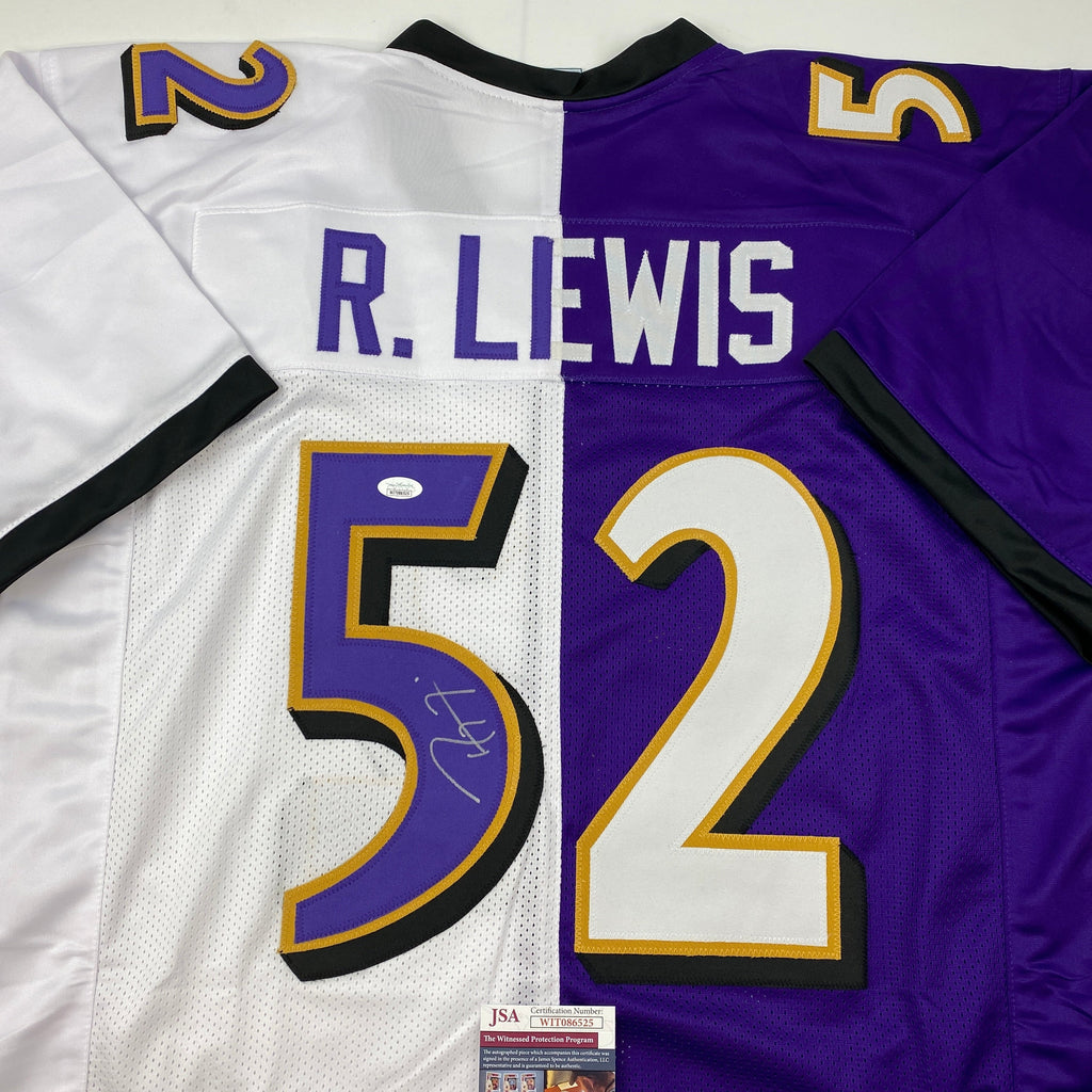 Autographed/Signed Ray Lewis Baltimore Split Purple White Football Jersey JSA COA