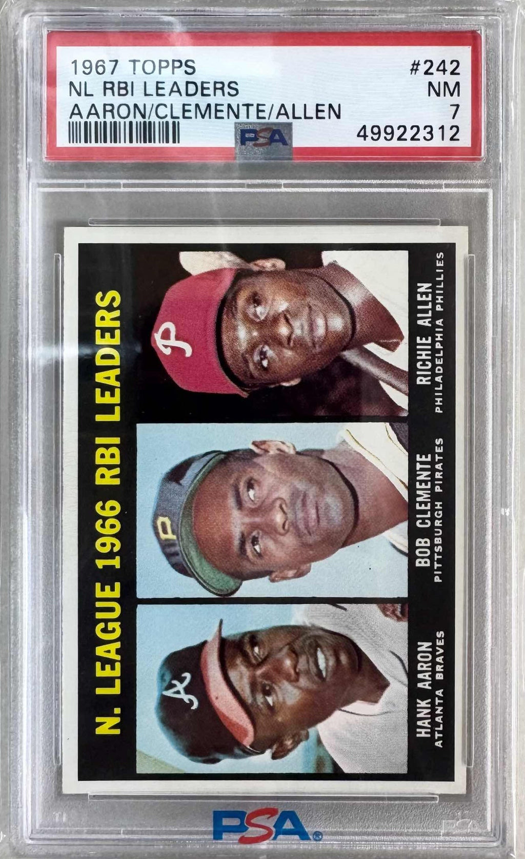 Graded 1967 Topps NL RBI Leaders Hank Aaron Roberto Clemente #242 Baseball Card PSA 7 NM