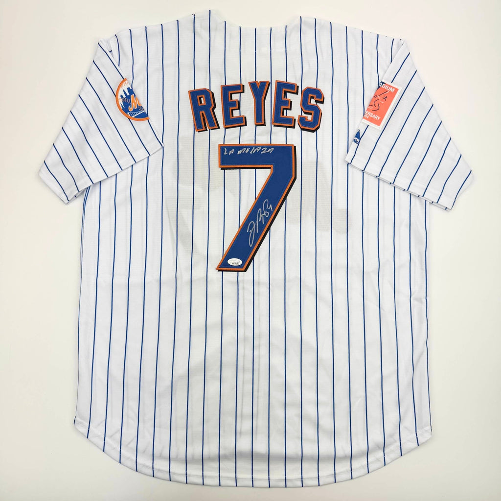 Autographed/Signed Jose Reyes New York Pinstripe Baseball Jersey JSA COA