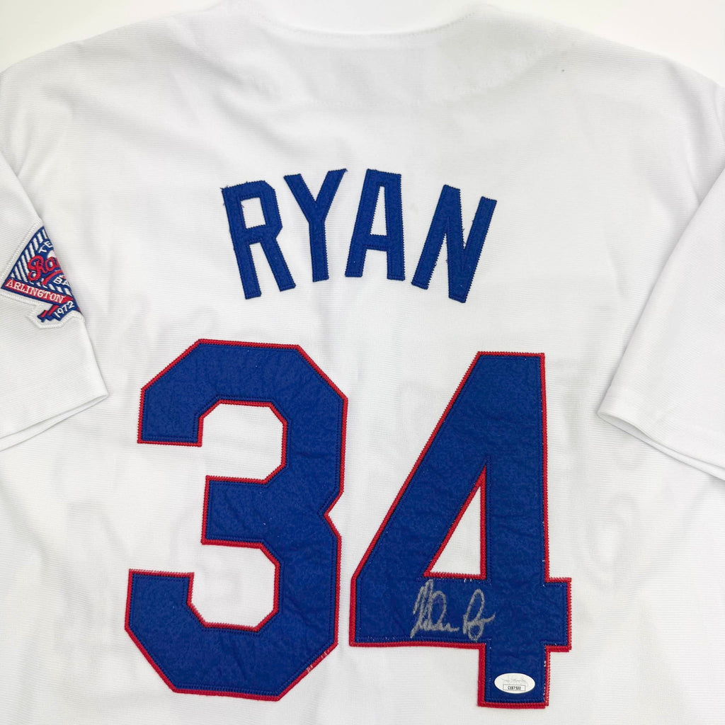 Autographed/Signed Nolan Ryan Texas Rangers White Baseball Jersey JSA COA