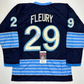 Autographed/Signed Marc-Andre Fleury Pittsburgh Blue Winter Classic Hockey Jersey JSA COA