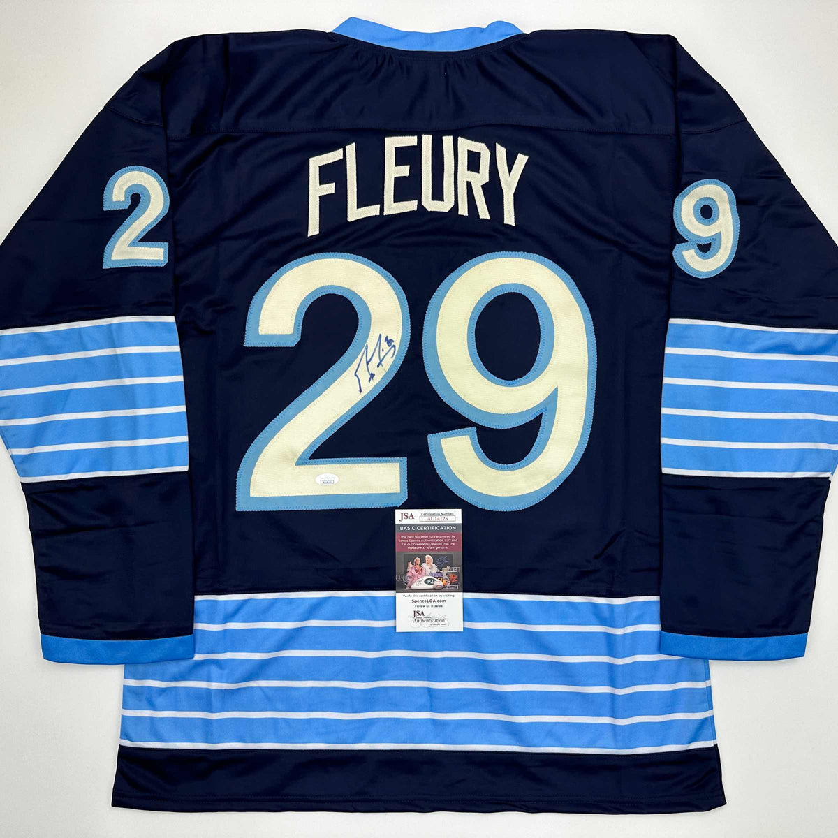 Autographed/Signed Marc-Andre Fleury Pittsburgh Blue Winter Classic Hockey Jersey JSA COA