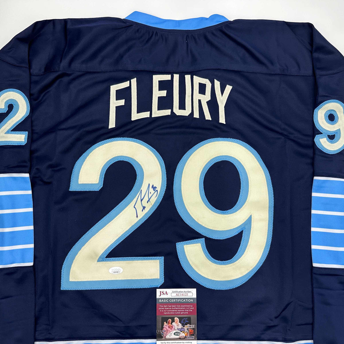Autographed/Signed Marc-Andre Fleury Pittsburgh Blue Winter Classic Hockey Jersey JSA COA