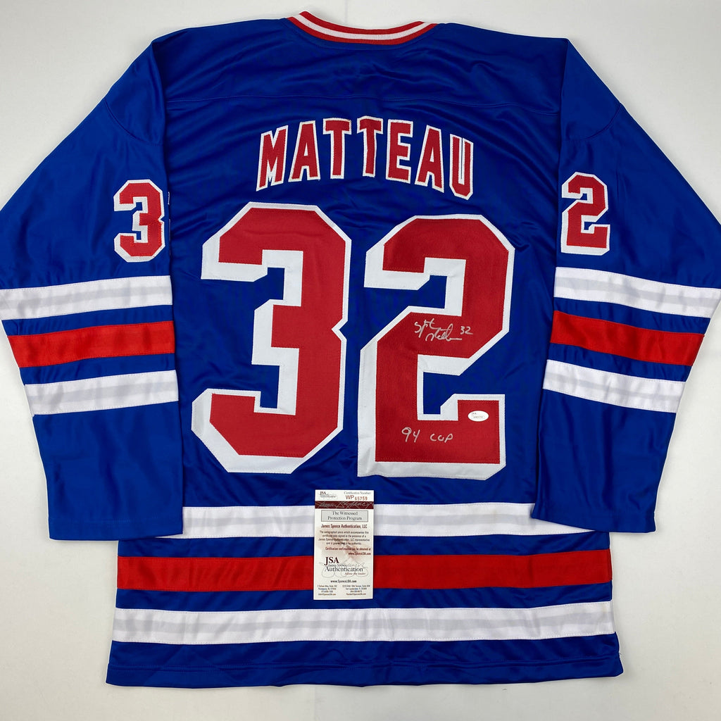Autographed/Signed Stephane Matteau 94 Cup New York Blue Hockey Jersey JSA COA