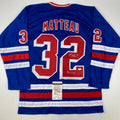 Autographed/Signed Stephane Matteau 94 Cup New York Blue Hockey Jersey JSA COA