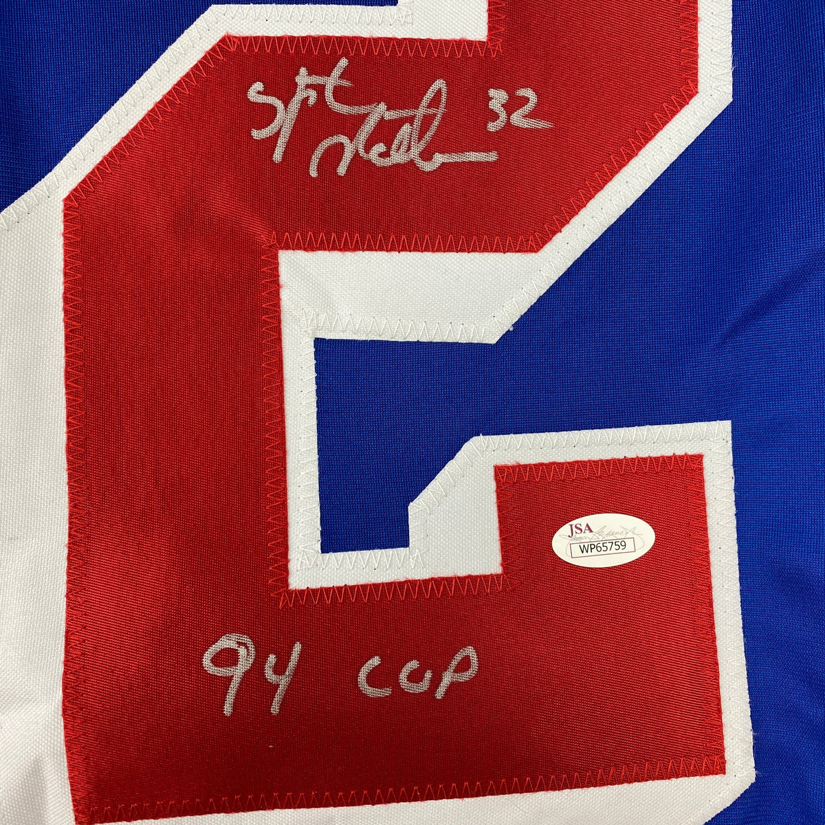 Autographed/Signed Stephane Matteau 94 Cup New York Blue Hockey Jersey JSA COA