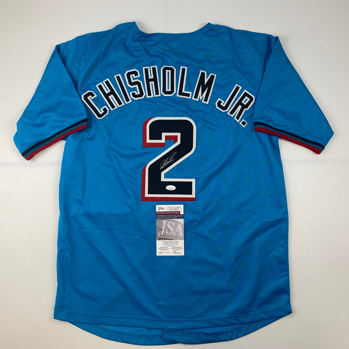 Autographed/Signed Jazz Chisholm Jr. Miami Blue Baseball Jersey JSA COA