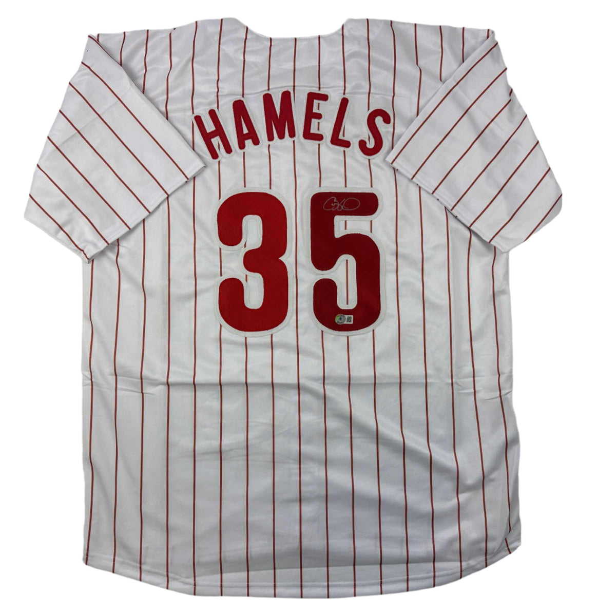 Autographed/Signed Cole Hamels Philadelphia Pinstripe Baseball Jersey Beckett BAS COA