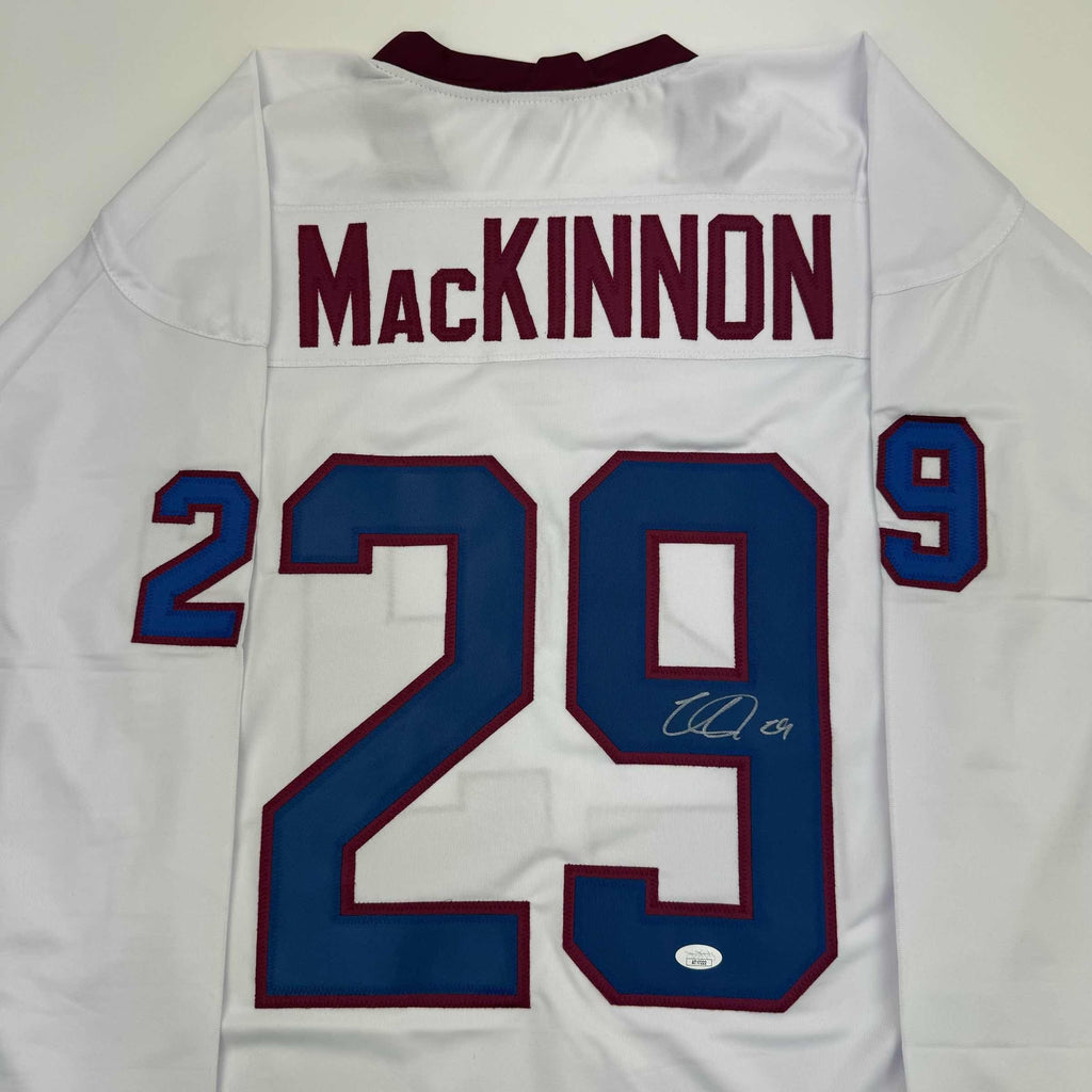 Autographed/Signed Nathan MacKinnon Colorado White Hockey Jersey JSA COA