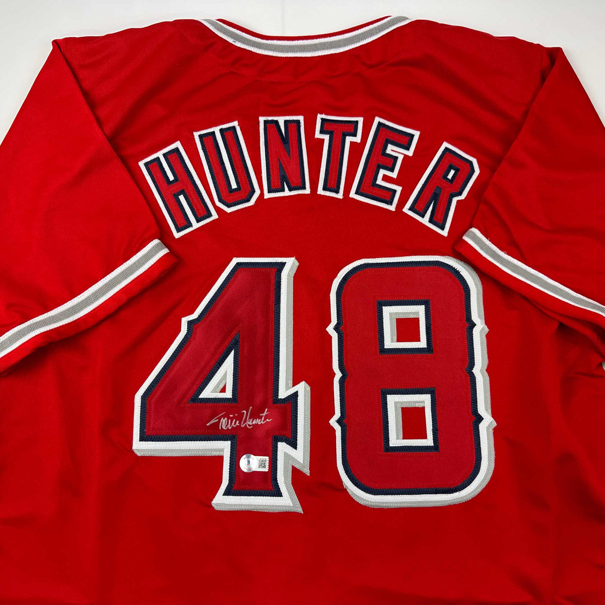 Autographed/Signed Torii Hunter Los Angeles Anaheim Red Baseball Jersey Beckett BAS COA