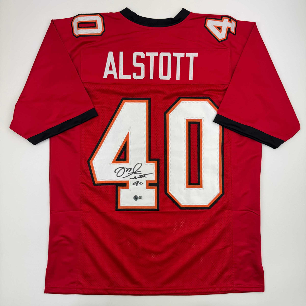 Autographed/Signed Mike Alstott Tampa Bay Red Football Jersey Beckett BAS COA