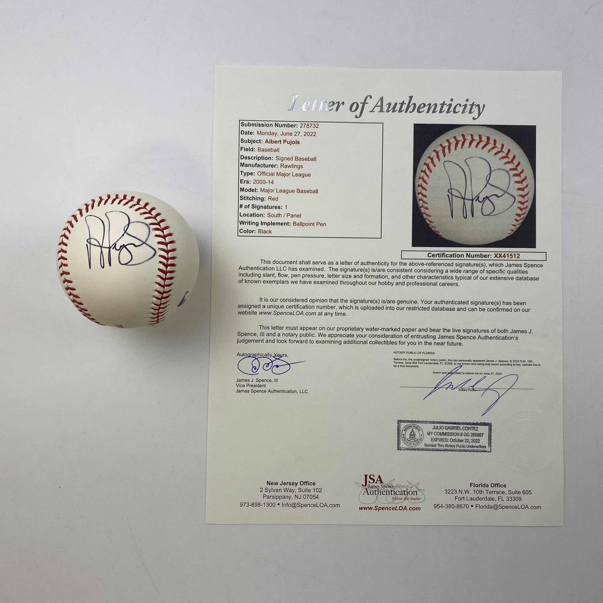 Autographed/Signed Albert Pujols Rawlings Official Major League Baseball ROML JSA COA/LOA