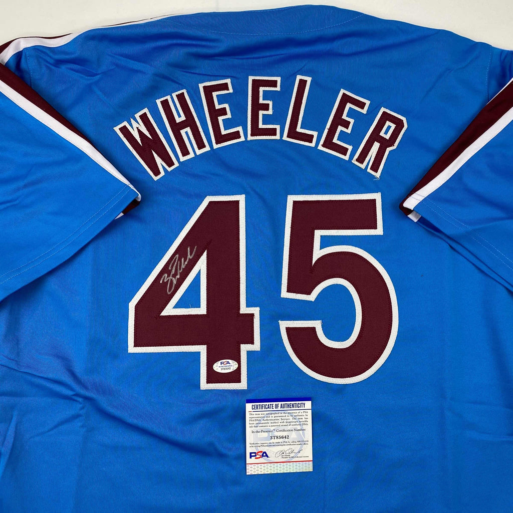 Autographed/Signed Zack Wheeler Philadelphia Blue Retro Baseball Jersey PSA/DNA COA