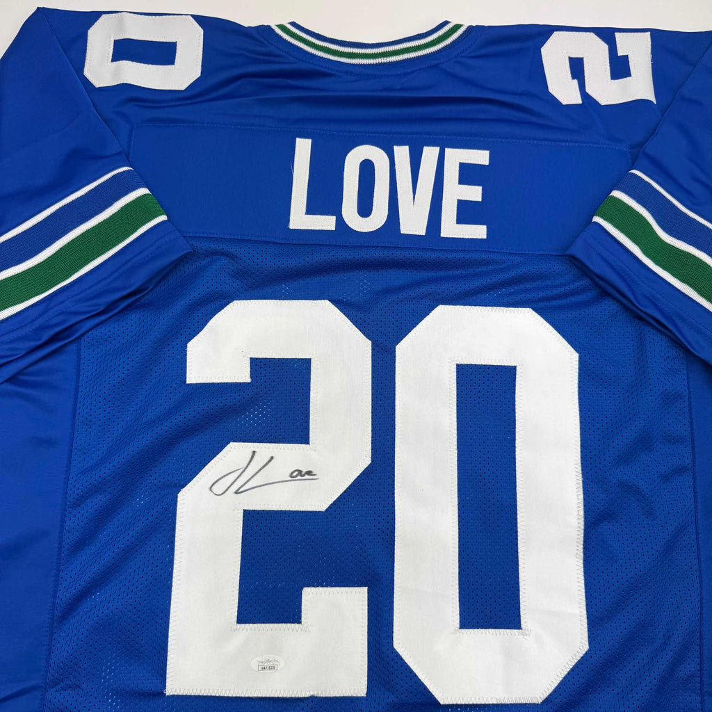 Autographed/Signed Julian Love Seattle Blue Retro Football Jersey JSA COA