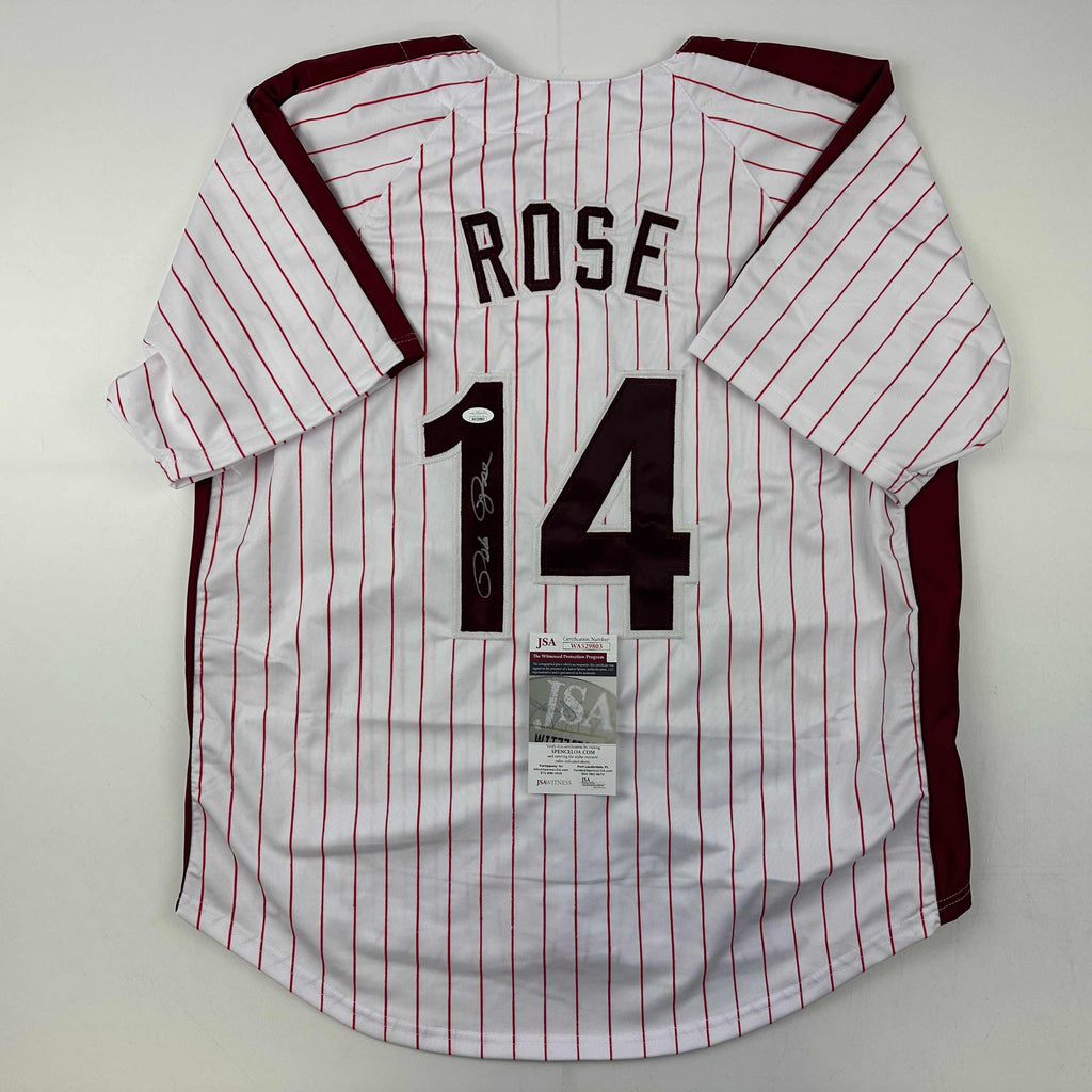 Autographed/Signed Pete Rose Philadelphia Pinstripe Baseball Jersey JSA COA
