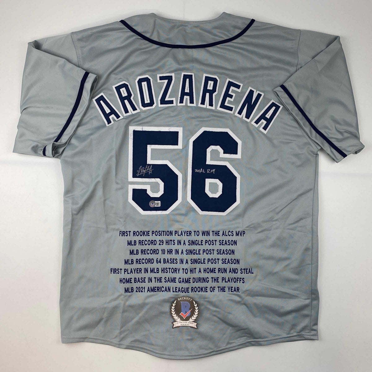 Autographed/Signed Randy Arozarena Tampa Bay Grey Stat Baseball Jersey Beckett BAS COA