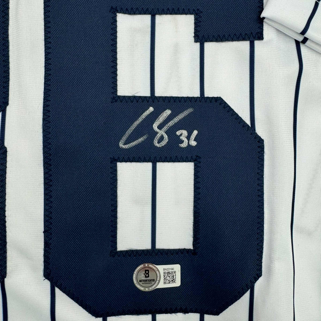 Autographed/Signed Clarke Schmidt New York Pinstripe Baseball Jersey Beckett BAS COA