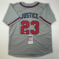 Autographed/Signed David Justice Atlanta Grey Baseball Jersey JSA COA