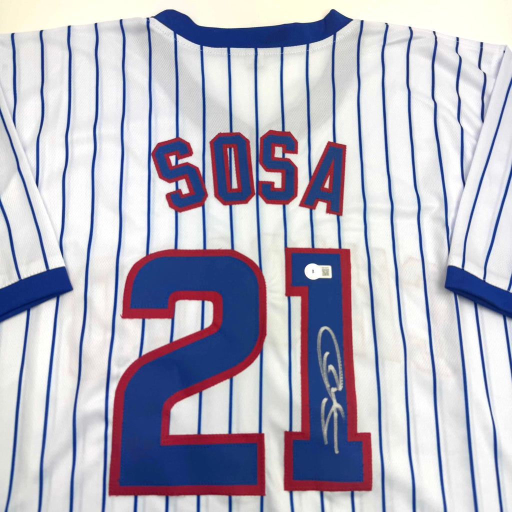 Autographed/Signed Sammy Sosa Chicago Pinstripe Baseball Jersey Beckett BAS COA