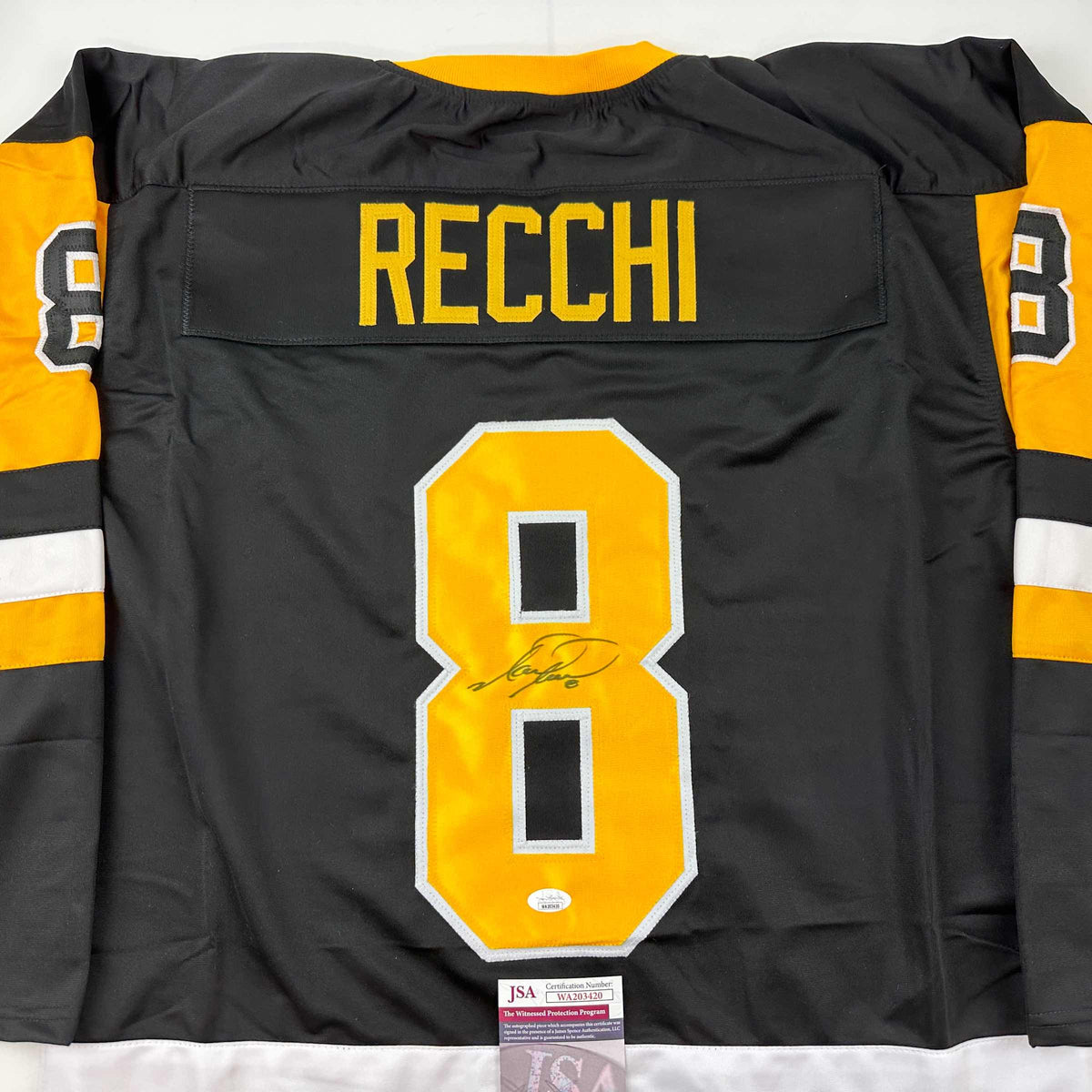Autographed/Signed Mark Recchi Pittsburgh Black Hockey Jersey JSA COA