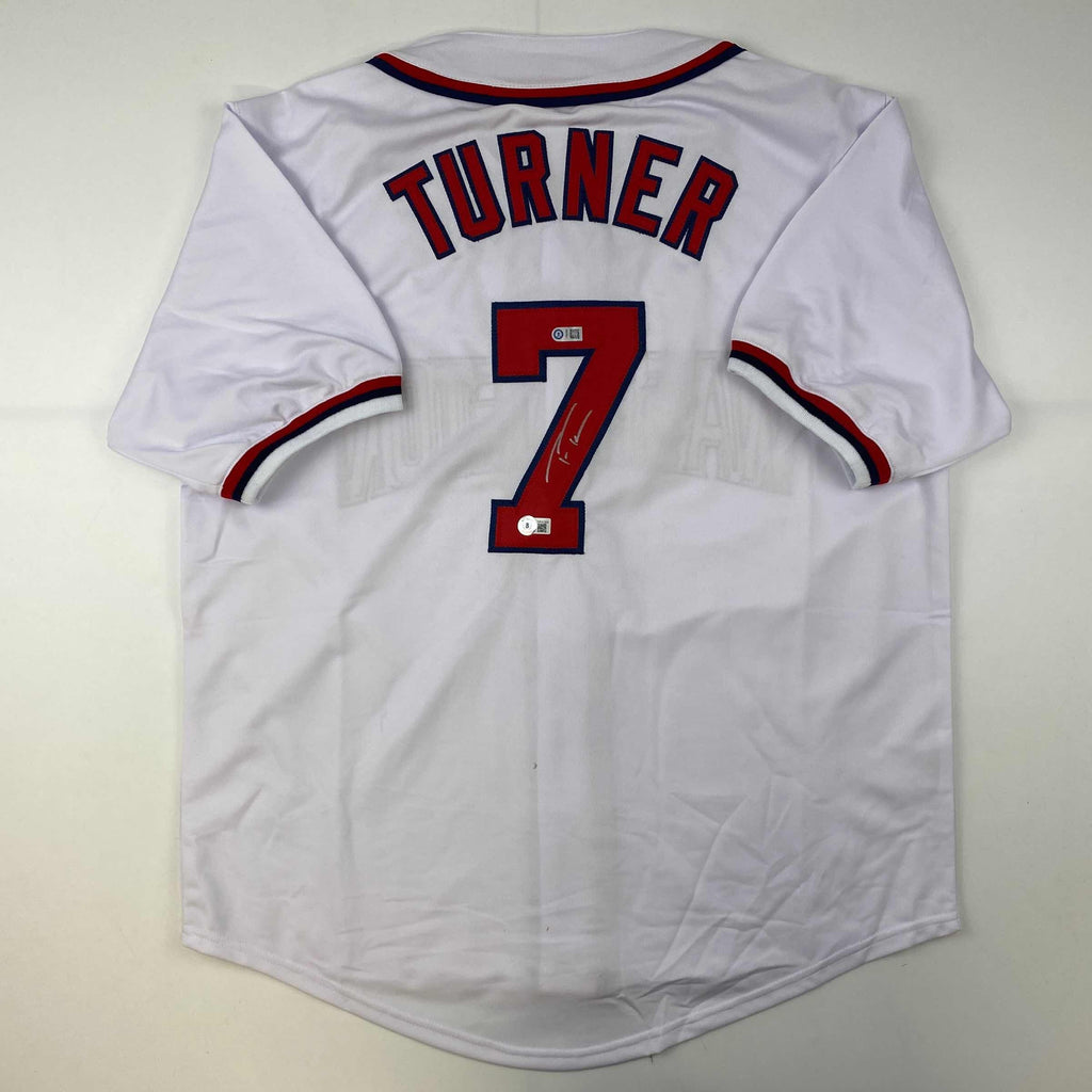 Autographed/Signed Trea Turner Washington White Baseball Jersey Beckett BAS COA
