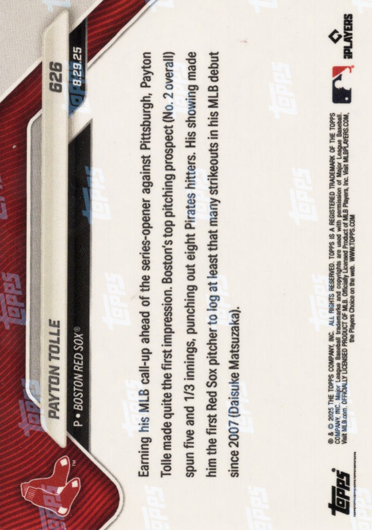 2025 Topps Now Payton Tolle #626 Gold Foil /50 Boston Red Sox Rookie RC Baseball Card