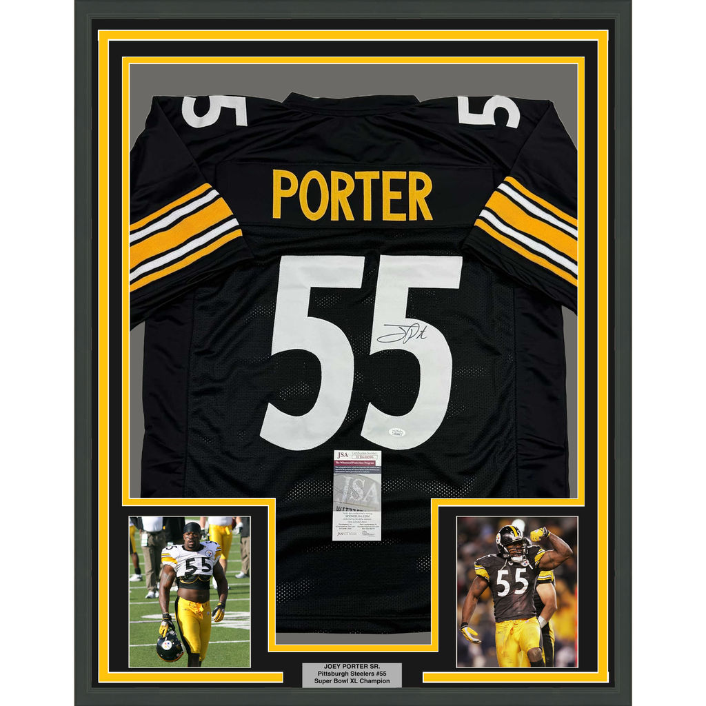 Framed Autographed/Signed Joey Porter Sr. 35x39 Pittsburgh Black Football Jersey JSA COA