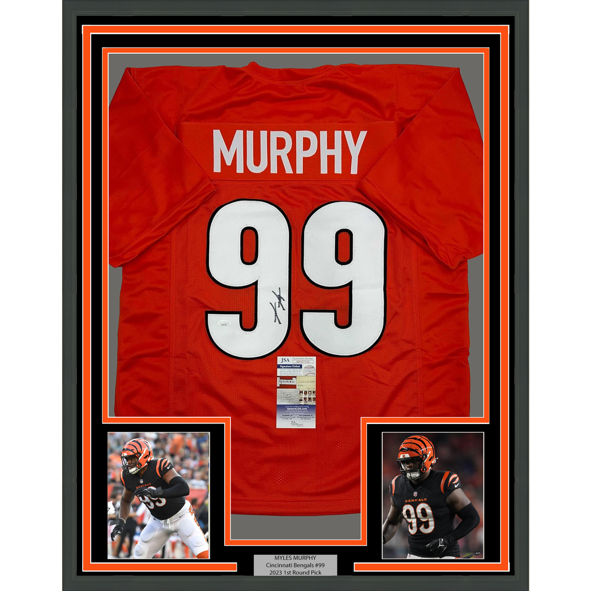 Framed Autographed/Signed Myles Murphy 35x39 Cincinnati Orange Football Jersey JSA COA