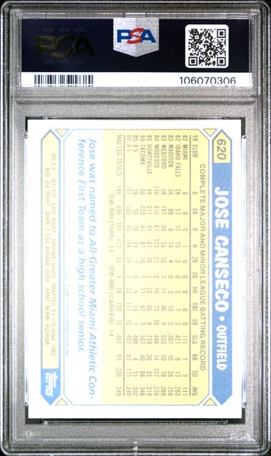 Graded 1987 Topps Tiffany Jose Canseco #620 2nd Year Rookie Cup Baseball Card PSA 9 Mint