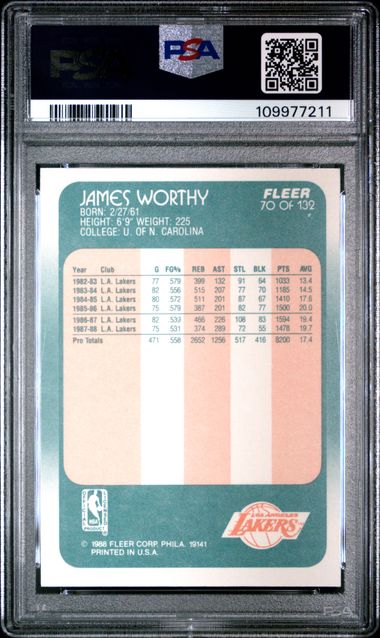 Graded 1988 Fleer James Worthy #70 Basketball Card PSA 6 EX-MT