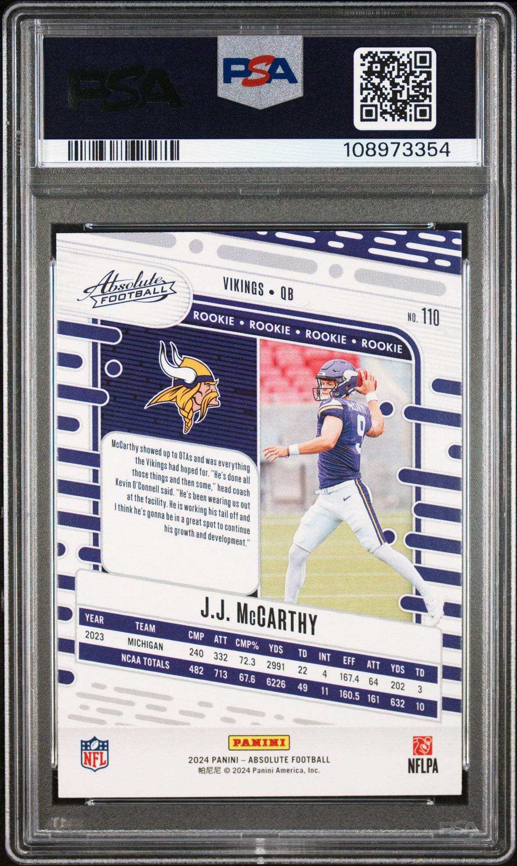 Graded 2024 Panini Absolute JJ McCarthy #110 Rookie RC Football Card PSA 10 Gem Mint