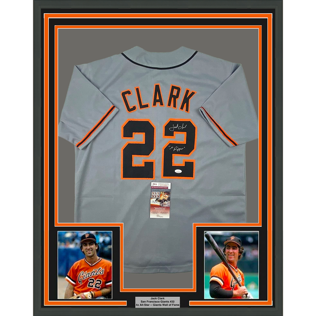 Framed Autographed/Signed Jack Clark The Ripper 35x39 San Francisco Grey Baseball Jersey JSA COA