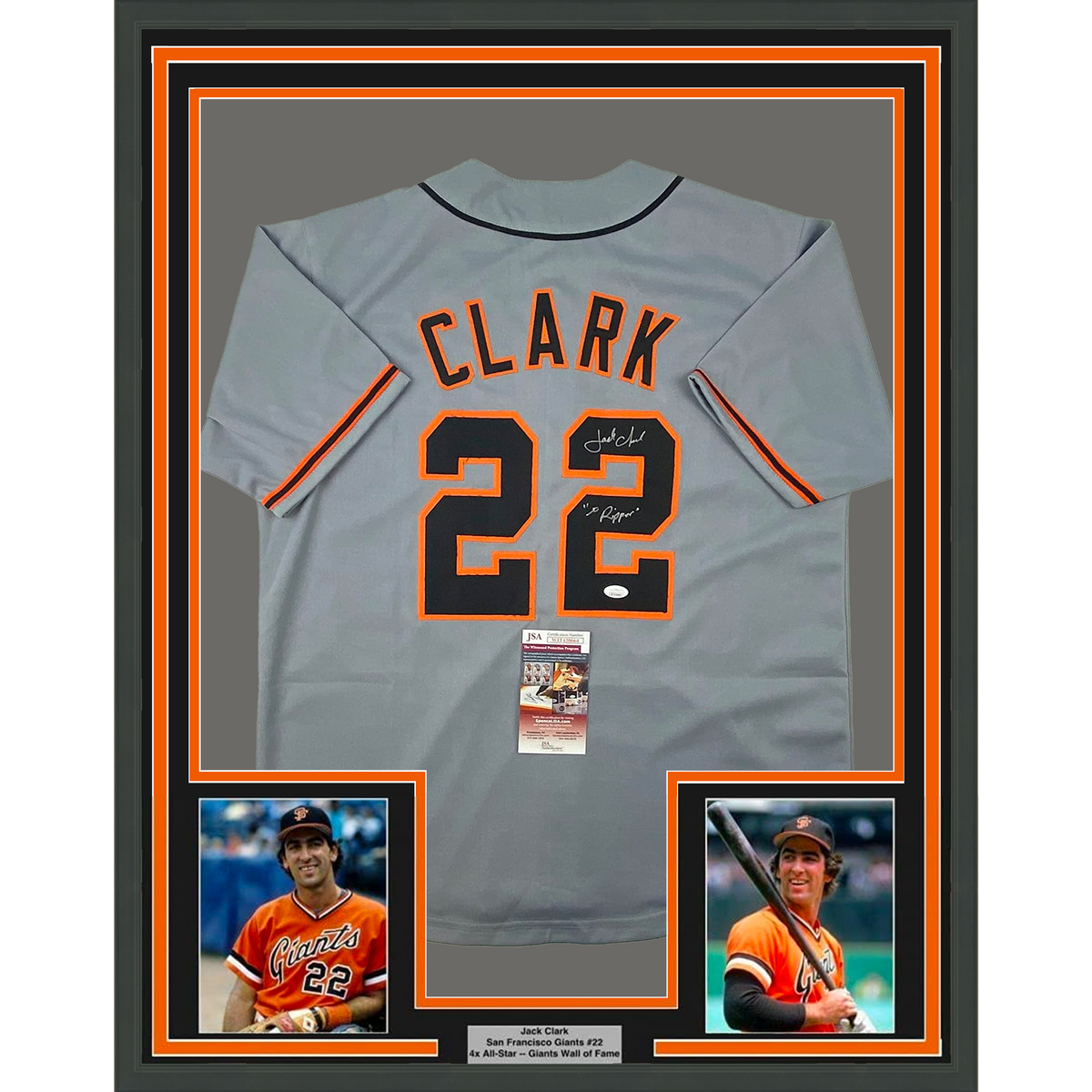 Framed Autographed/Signed Jack Clark The Ripper 35x39 San Francisco Grey Baseball Jersey JSA COA