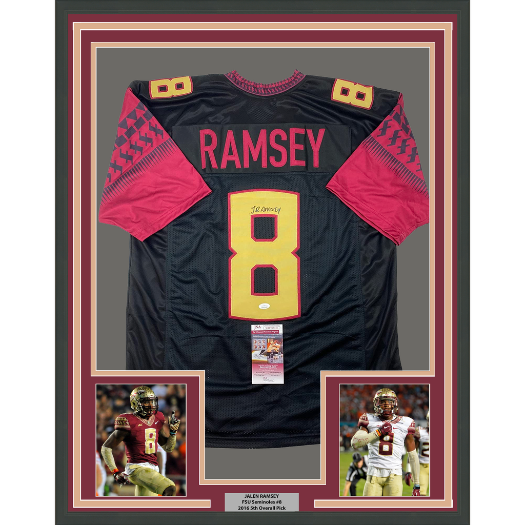 Framed Autographed/Signed Jalen Ramsey 35x39 Florida State FSU Black College Football Jersey JSA COA