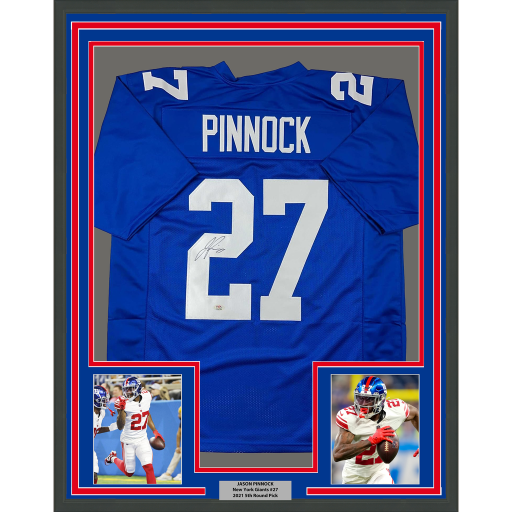 Framed Autographed/Signed Jason Pinnock 35x39 New York Blue Football Jersey PSA/DNA COA
