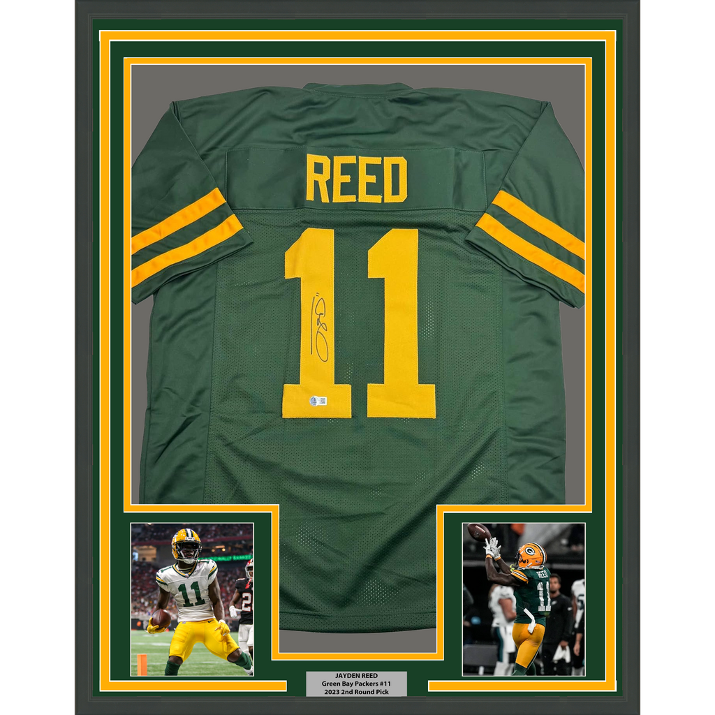 Framed Autographed/Signed Jayden Reed 35x39 Green Bay Color Rush Football Jersey Beckett BAS COA