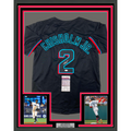 Framed Autographed/Signed Jazz Chisholm Jr. 35x39 Miami Black Baseball Jersey JSA COA