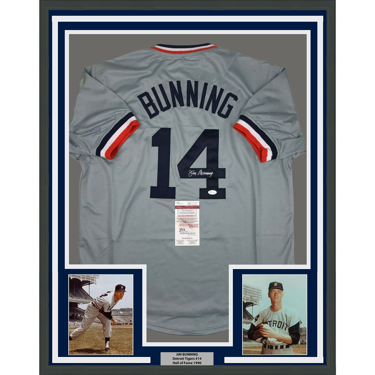 Framed Autographed/Signed Jim Bunning 35x39 Detroit Grey Baseball Jersey JSA COA