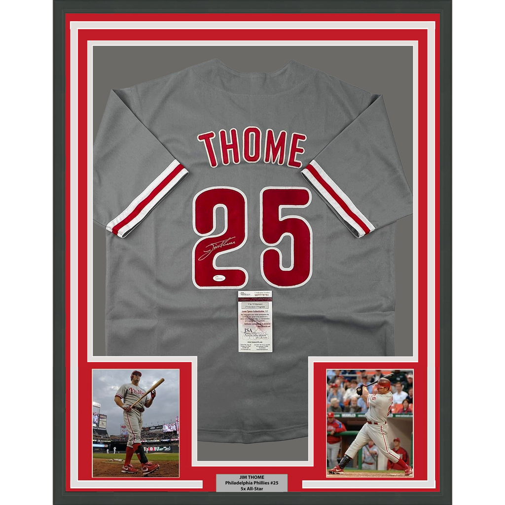 Framed Autographed/Signed Jim Thome 35x39 Philadelphia Grey Baseball Jersey JSA COA
