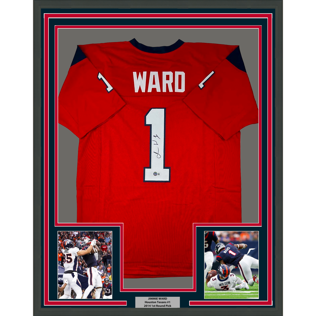Framed Autographed/Signed Jimmie Ward 35x39 Houston Red Football Jersey Beckett BAS COA