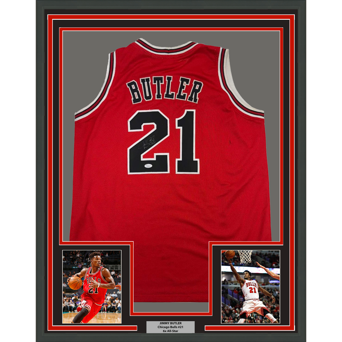 Framed Autographed/Signed Jimmy Butler 35x39 Chicago Red Basketball Jersey JSA COA