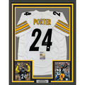 Framed Autographed/Signed Joey Porter Jr. 35x39 Pittsburgh White Football Jersey JSA COA